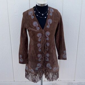 Scully Suede Fringe Embroidered Turquoise Studded Coat Size M Brown Western